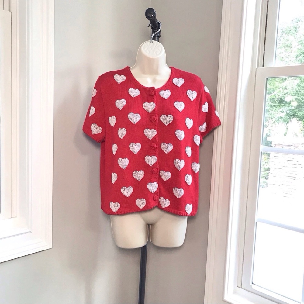 Vintage Michael Simon Red Valentine’s Day Cardigan Pearl Hearts ~ Women’s Large